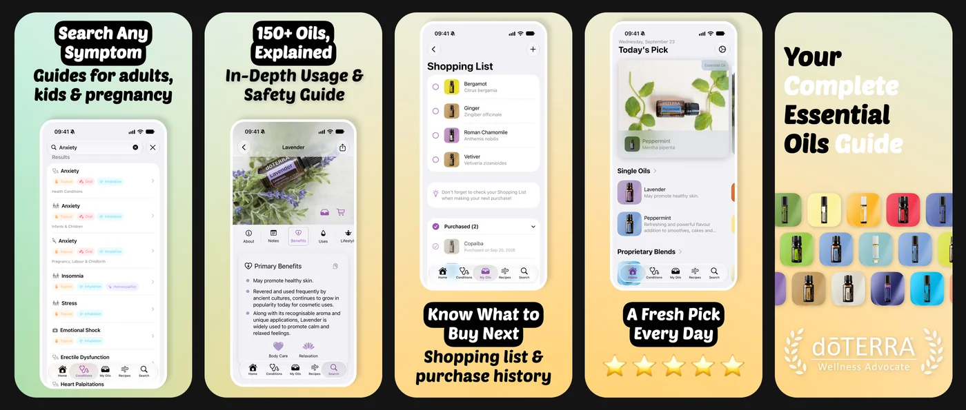 Essential Oils Guide & Recipes app screenshots: symptom search, oil profiles, shopping list, daily pick and the complete guide