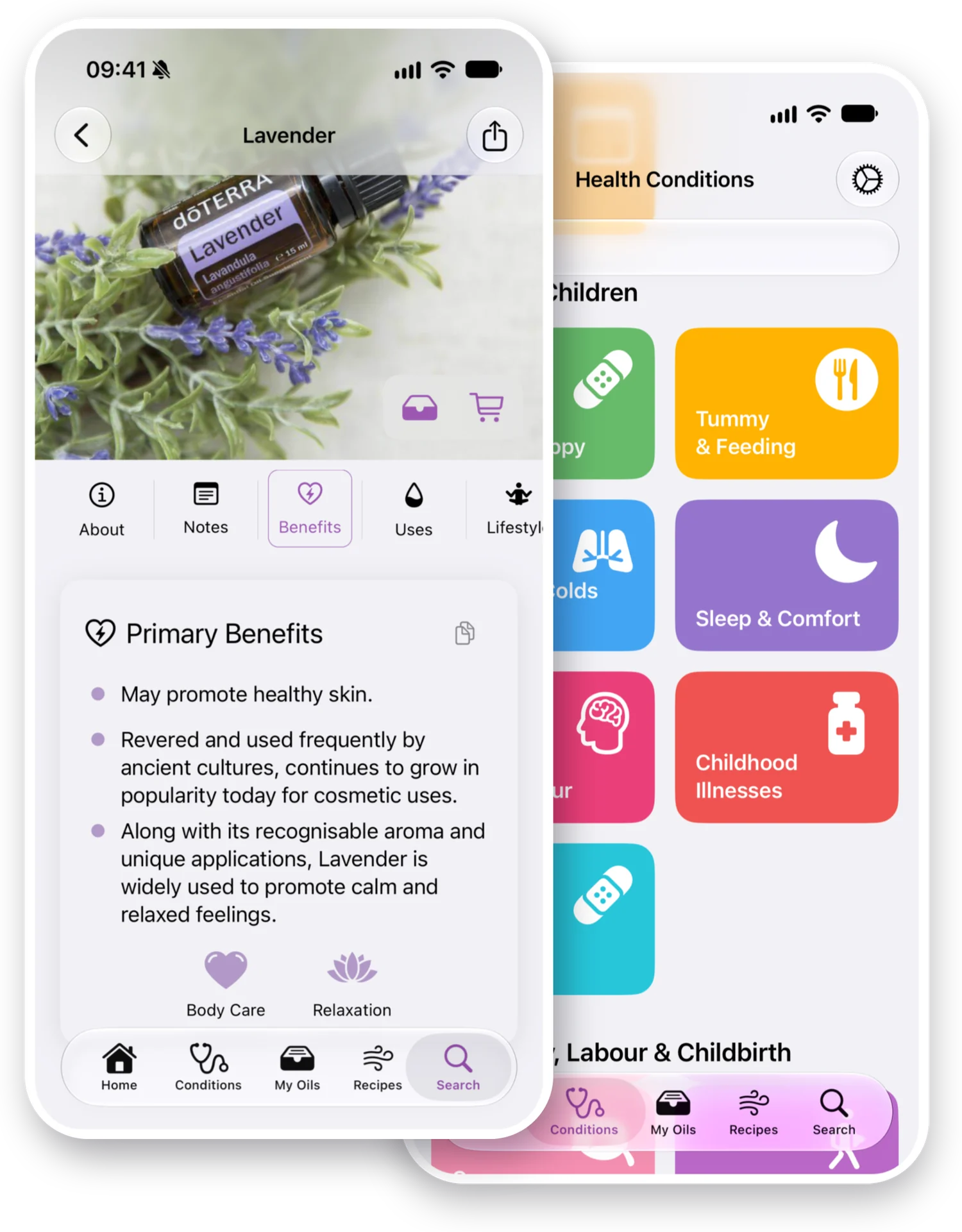 Essential Oils Guide & Recipes app: Lavender oil profile and Infants & Children health conditions